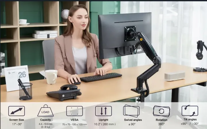 NB North Bayou Monitor Stand OR Arm- Gas Spring Single Arm Monitor Stand Desk VESA Mount for 13 to 32 Inch Screen with Clamp, Grommet Mounting Base Black in Colour