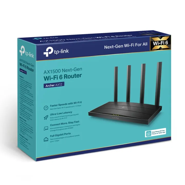 WIFI 6 Router TP-Link Archer AX12 AX1500 Dual-Band Gigabit  Next-Gen 1.5 Gbps Speeds, All gigabit Ethernet ports Black
